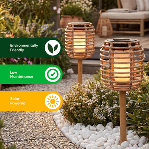 Pack of 2 Solar Rattan Effect Stake Lights – Warm White LED Flame Effect
