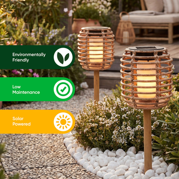 Pack of 2 Solar Rattan Effect Stake Lights – Warm White LED Flame Effect