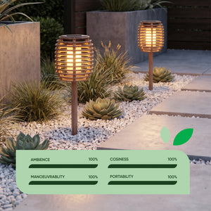 Pack of 2 Solar Rattan Effect Stake Lights – Warm White LED Flame Effect