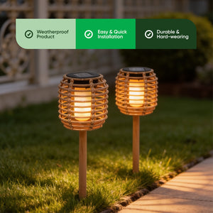 Pack of 2 Solar Rattan Effect Stake Lights – Warm White LED Flame Effect