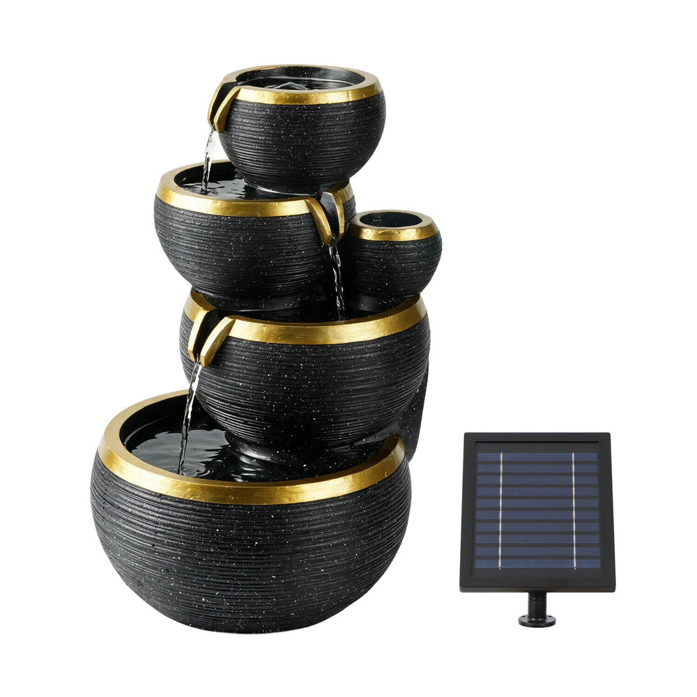 Black and Gold 4-Tier Cascading Solar Water Feature with Battery Backup and LED Lights