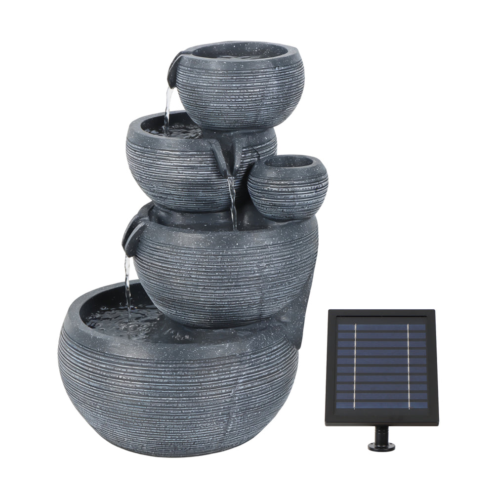 Solar Powered 4-Tier Cascading Bowl Water Feature with Battery Backup & LED Lights, Self-Contained Outdoor Garden Water Feature