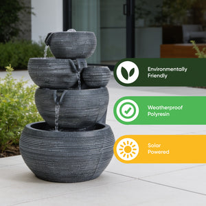Solar Powered 4-Tier Cascading Bowl Water Feature with Battery Backup & LED Lights, Self-Contained Outdoor Garden Water Feature