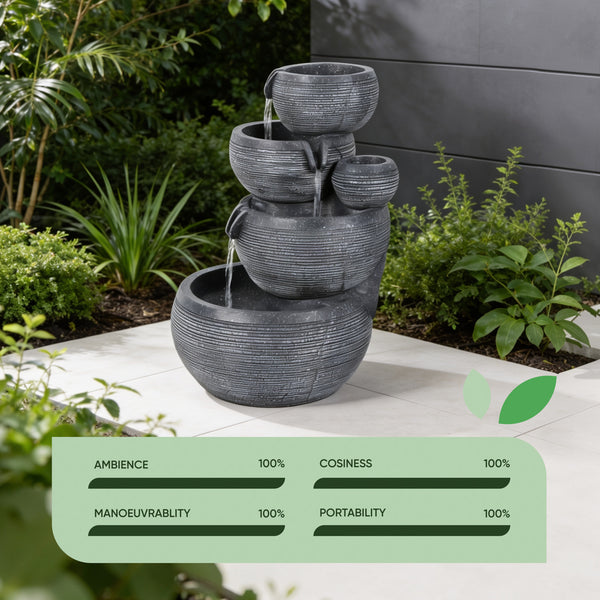 Solar Powered 4-Tier Cascading Bowl Water Feature with Battery Backup & LED Lights, Self-Contained Outdoor Garden Water Feature