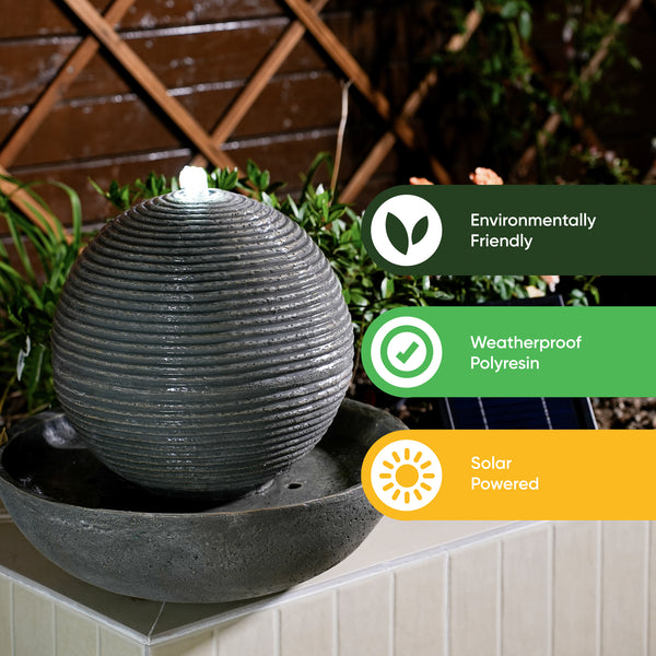 Solar Powered Ball Water Feature with LED Light & Battery Backup