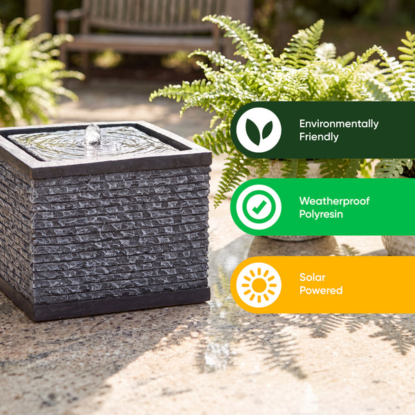 Solar Water Feature – Stacked Stone Fountain with LED Lights & Battery Backup