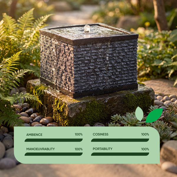 Solar Water Feature – Stacked Stone Fountain with LED Lights & Battery Backup