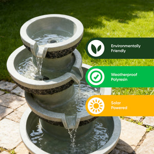 Solar Water Feature – Tiered Cascade Waterfall Fountain with LED Lights & Battery Backup