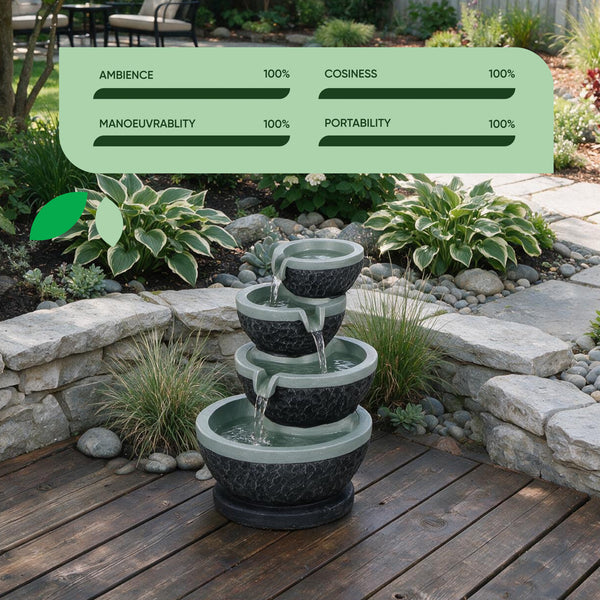 Solar Water Feature – Tiered Cascade Waterfall Fountain with LED Lights & Battery Backup