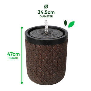 Solar Water Feature – Diamond Weave Barrel Fountain with LED Lights & Battery Backup