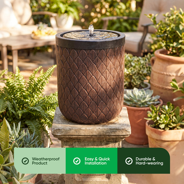 Solar Water Feature – Diamond Weave Barrel Fountain with LED Lights & Battery Backup