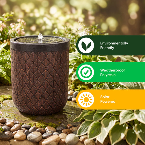 Solar Water Feature – Diamond Weave Barrel Fountain with LED Lights & Battery Backup