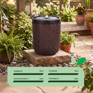 Solar Water Feature – Diamond Weave Barrel Fountain with LED Lights & Battery Backup