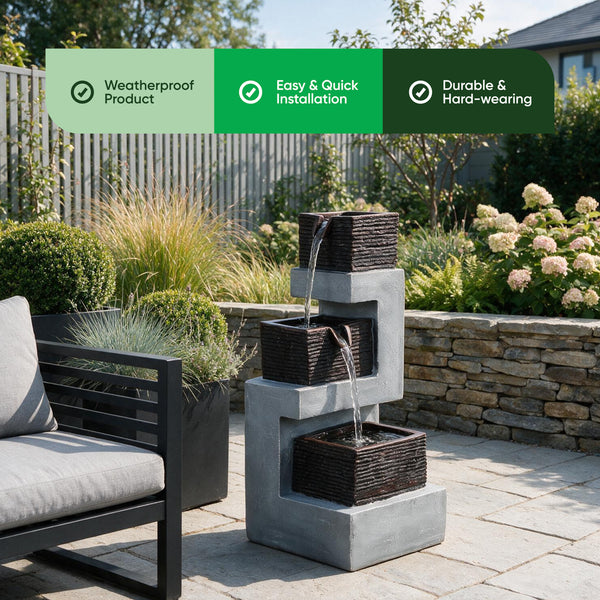 Solar Water Feature – Stacked Blocks Fountain with LED Lights & Battery Backup