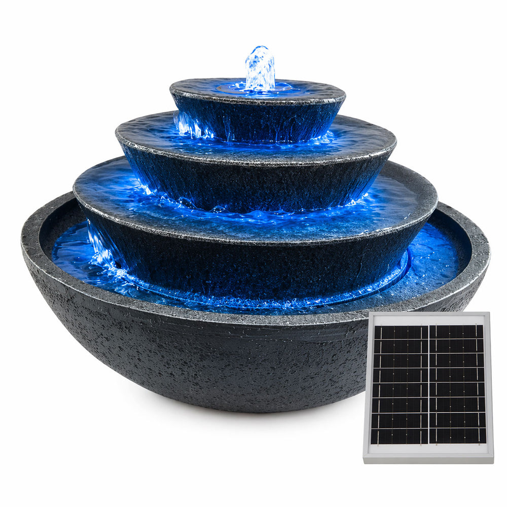 Solar Water Feature – Tiered Stacked Bowl Fountain with LED Lights & Battery Backup