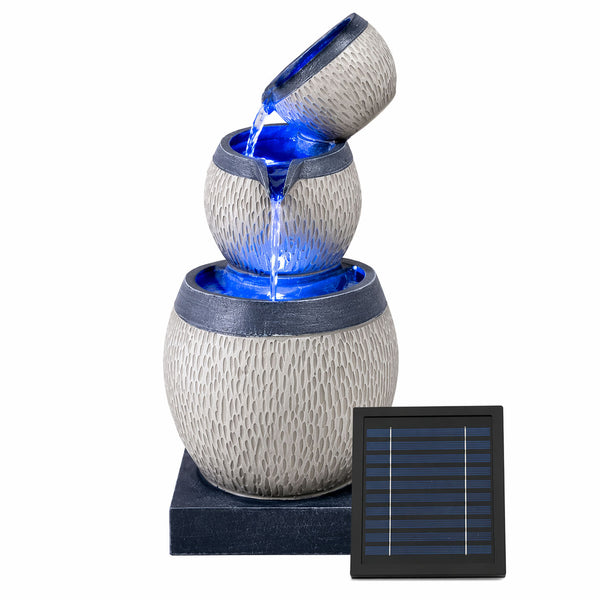 Solar Water Feature – 3 Tier Cascading Bowl Fountain with LED Lights & Battery Backup