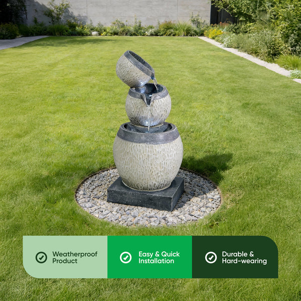 Solar Water Feature – 3 Tier Cascading Bowl Fountain with LED Lights & Battery Backup