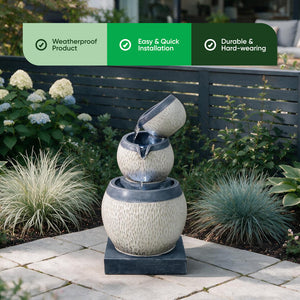 Solar Water Feature – 3 Tier Cascading Bowl Fountain with LED Lights & Battery Backup