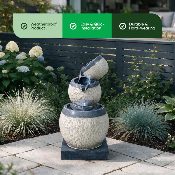 Solar Water Feature – 3 Tier Cascading Bowl Fountain with LED Lights & Battery Backup
