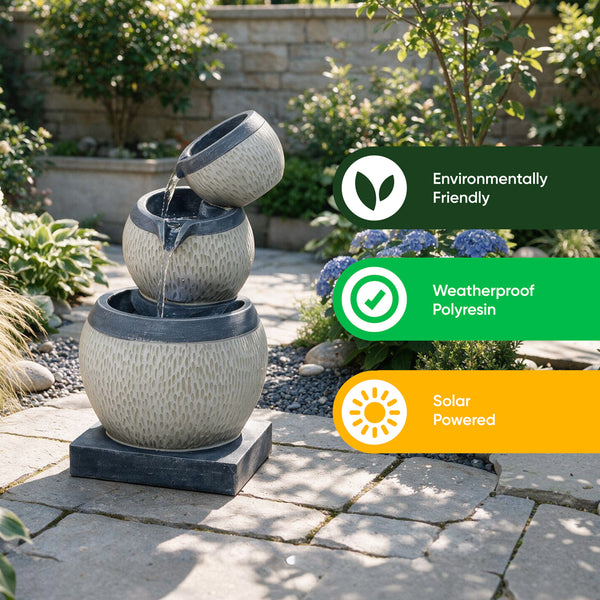 Solar Water Feature – 3 Tier Cascading Bowl Fountain with LED Lights & Battery Backup