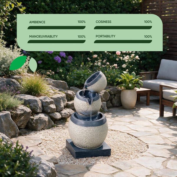 Solar Water Feature – 3 Tier Cascading Bowl Fountain with LED Lights & Battery Backup