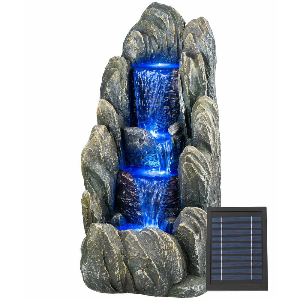 Solar Water Feature – Tiered Cascading Rock Fountain with LED Lights & Battery Backup