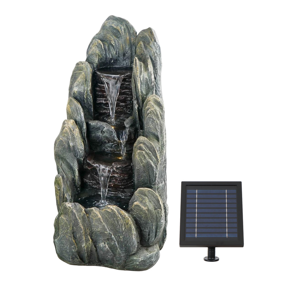 Solar Water Feature – Tiered Cascading Rock Fountain with LED Lights & Battery Backup