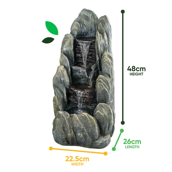 Solar Water Feature – Tiered Cascading Rock Fountain with LED Lights & Battery Backup