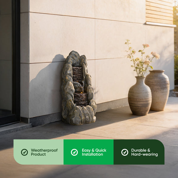 Solar Water Feature – Tiered Cascading Rock Fountain with LED Lights & Battery Backup