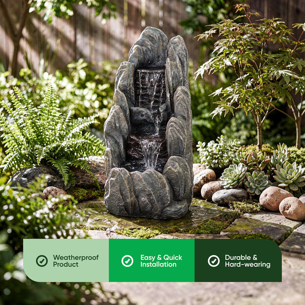 Solar Water Feature – Tiered Cascading Rock Fountain with LED Lights & Battery Backup
