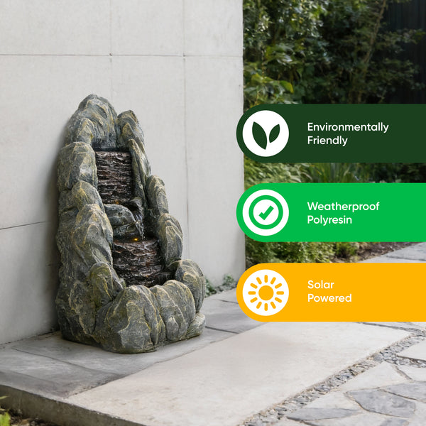 Solar Water Feature – Tiered Cascading Rock Fountain with LED Lights & Battery Backup
