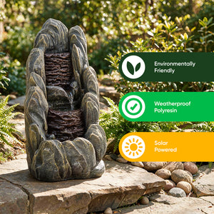 Solar Water Feature – Tiered Cascading Rock Fountain with LED Lights & Battery Backup