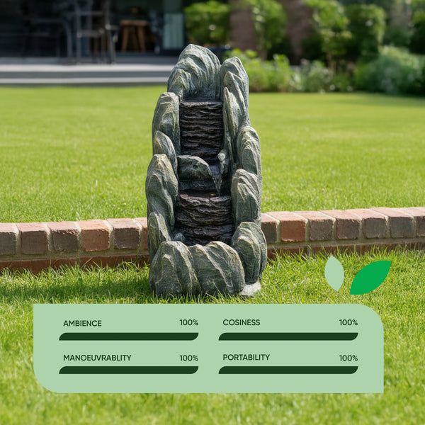 Solar Water Feature – Tiered Cascading Rock Fountain with LED Lights & Battery Backup