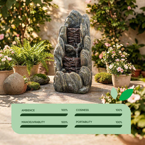 Solar Water Feature – Tiered Cascading Rock Fountain with LED Lights & Battery Backup