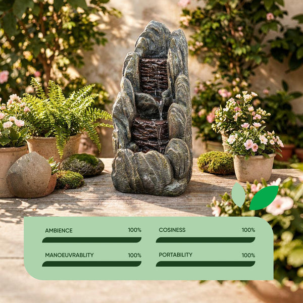 Solar Water Feature – Tiered Cascading Rock Fountain with LED Lights & Battery Backup