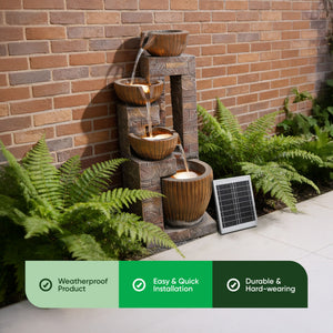 Solar Water Feature – Copper Falls Cascade Fountain with LED Lights & Battery Backup
