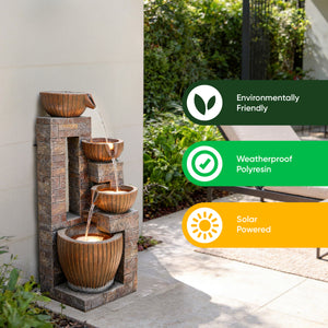 Solar Water Feature – Copper Falls Cascade Fountain with LED Lights & Battery Backup