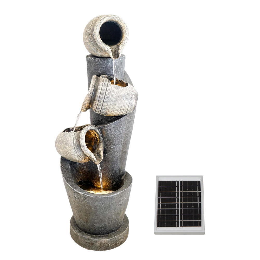 Solar Water Feature – 3 Tier Cascading Jar Fountain with LED Lights & Battery Backup