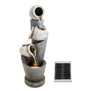 Solar Water Feature – 3 Tier Cascading Jar Fountain with LED Lights & Battery Backup