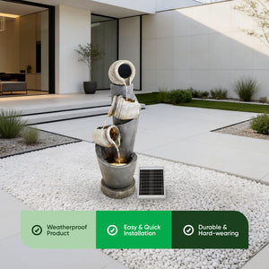 Solar Water Feature – 3 Tier Cascading Jar Fountain with LED Lights & Battery Backup