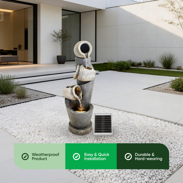 Solar Water Feature – 3 Tier Cascading Jar Fountain with LED Lights & Battery Backup