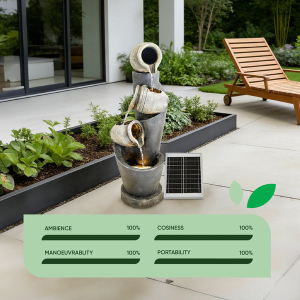 Solar Water Feature – 3 Tier Cascading Jar Fountain with LED Lights & Battery Backup