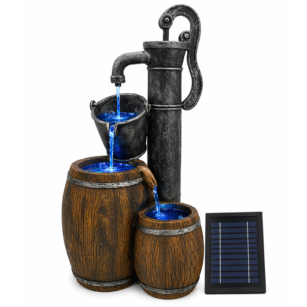 Solar Water Feature – 2 Tier Wooden Barrel Fountain with LED Lights & Battery Backup