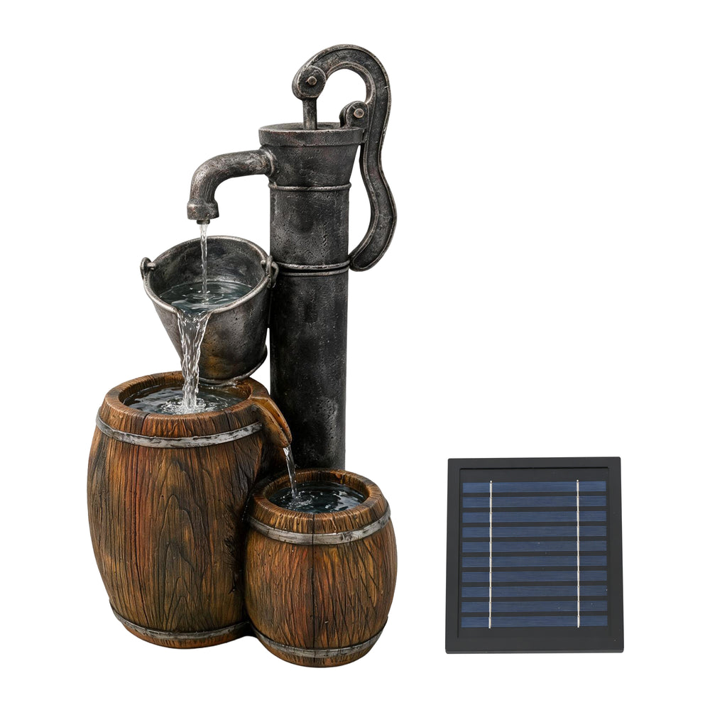 Solar Water Feature – 2 Tier Wooden Barrel Fountain with LED Lights & Battery Backup