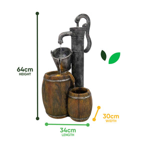 Solar Water Feature – 2 Tier Wooden Barrel Fountain with LED Lights & Battery Backup