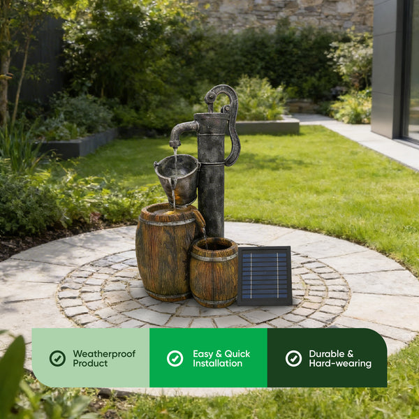 Solar Water Feature – 2 Tier Wooden Barrel Fountain with LED Lights & Battery Backup