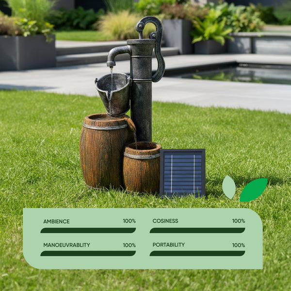Solar Water Feature – 2 Tier Wooden Barrel Fountain with LED Lights & Battery Backup