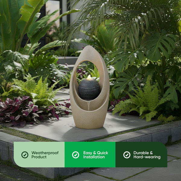 Solar Water Feature – Teardrop Tabletop Fountain with LED Lights & Battery Backup