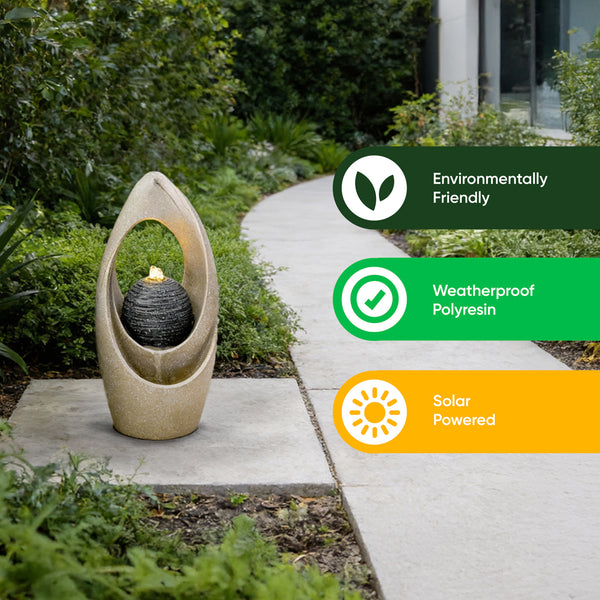Solar Water Feature – Teardrop Tabletop Fountain with LED Lights & Battery Backup
