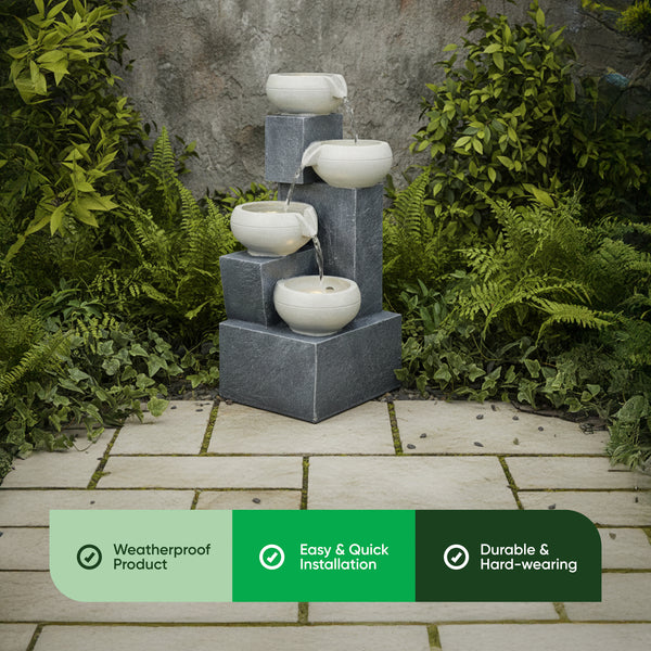 Solar Water Feature – 4 Tier Tabletop Fountain with LED Lights & Battery Backup